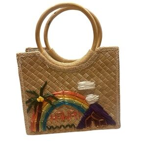 1970s Vintage Lauhala Woven Palm Souvenir Hawaii Raffia Embroidery Mini Bag
